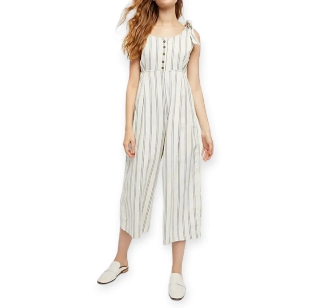 Free People Wide Leg Jumpsuit Beige Blue Stripe with Pockets Size 8